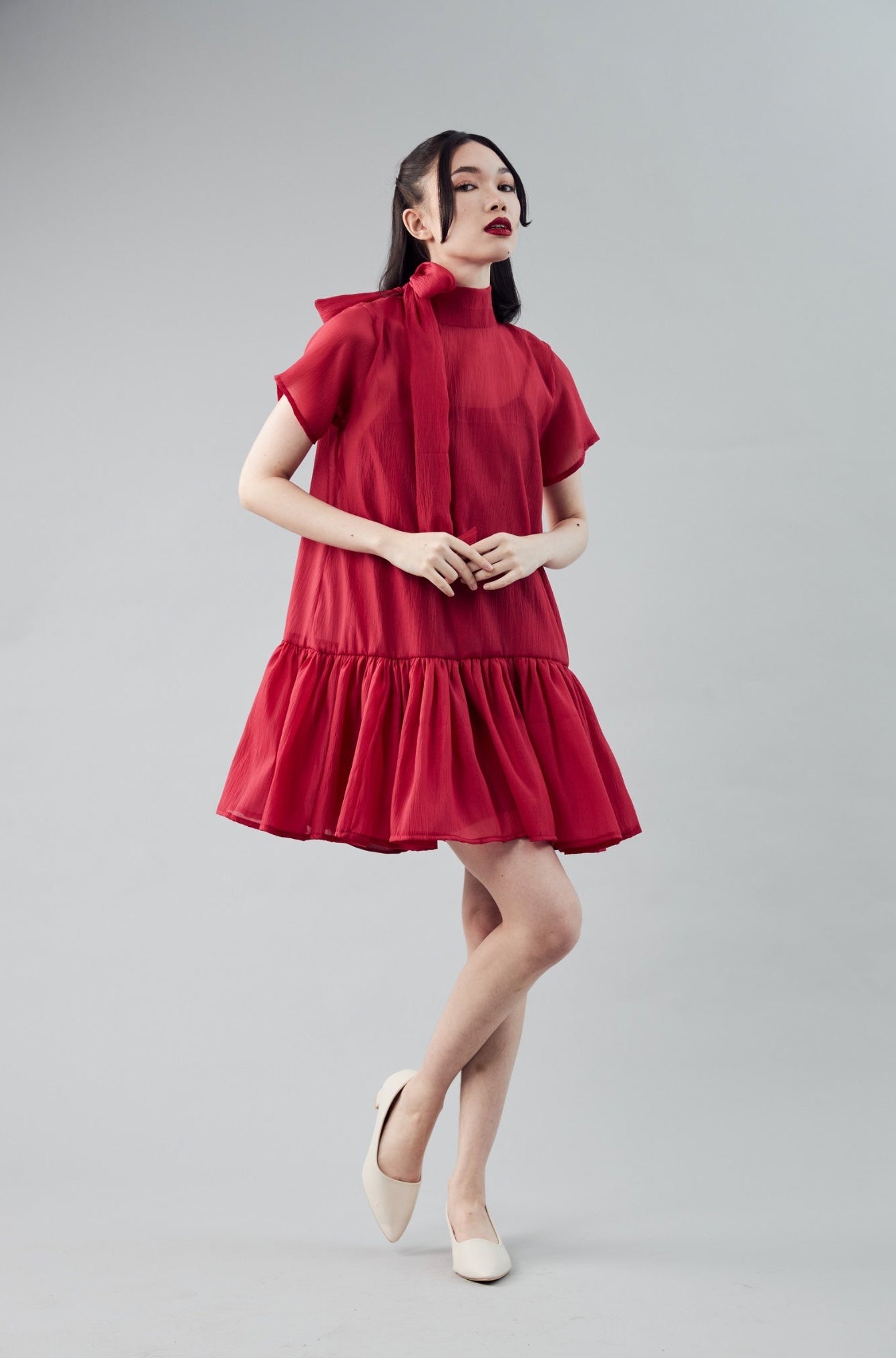 LULLA TIE-NECK RED DRESS W/ SLIP DRESS