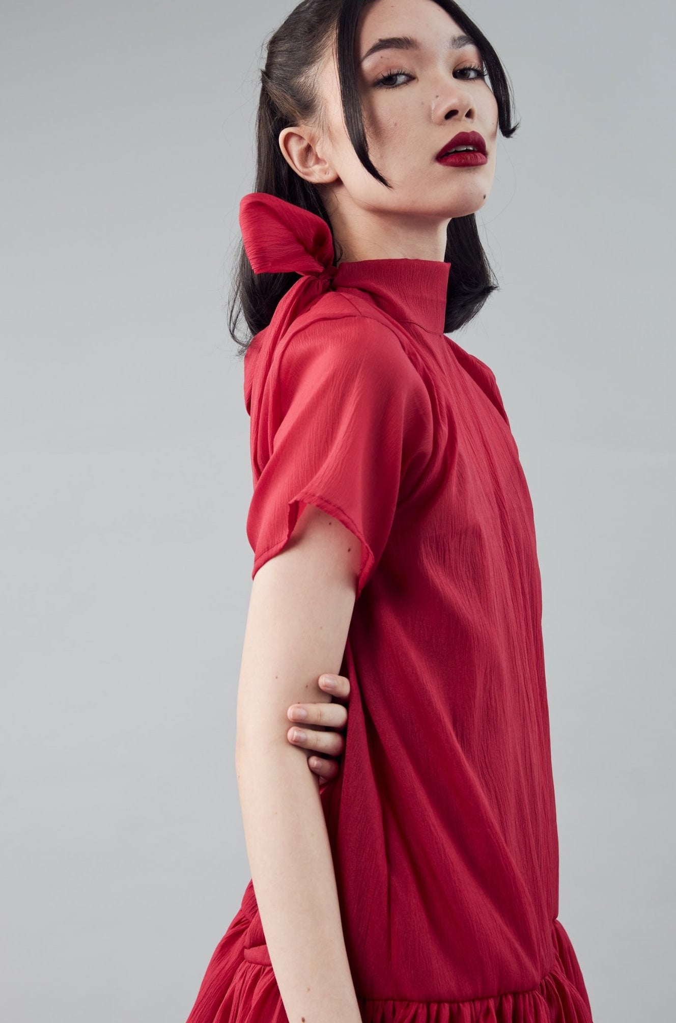 red dress with neck tie Tiger Mist Tarrin metal halterneck ring detail extreme plunge neck tie side maxi dress in red