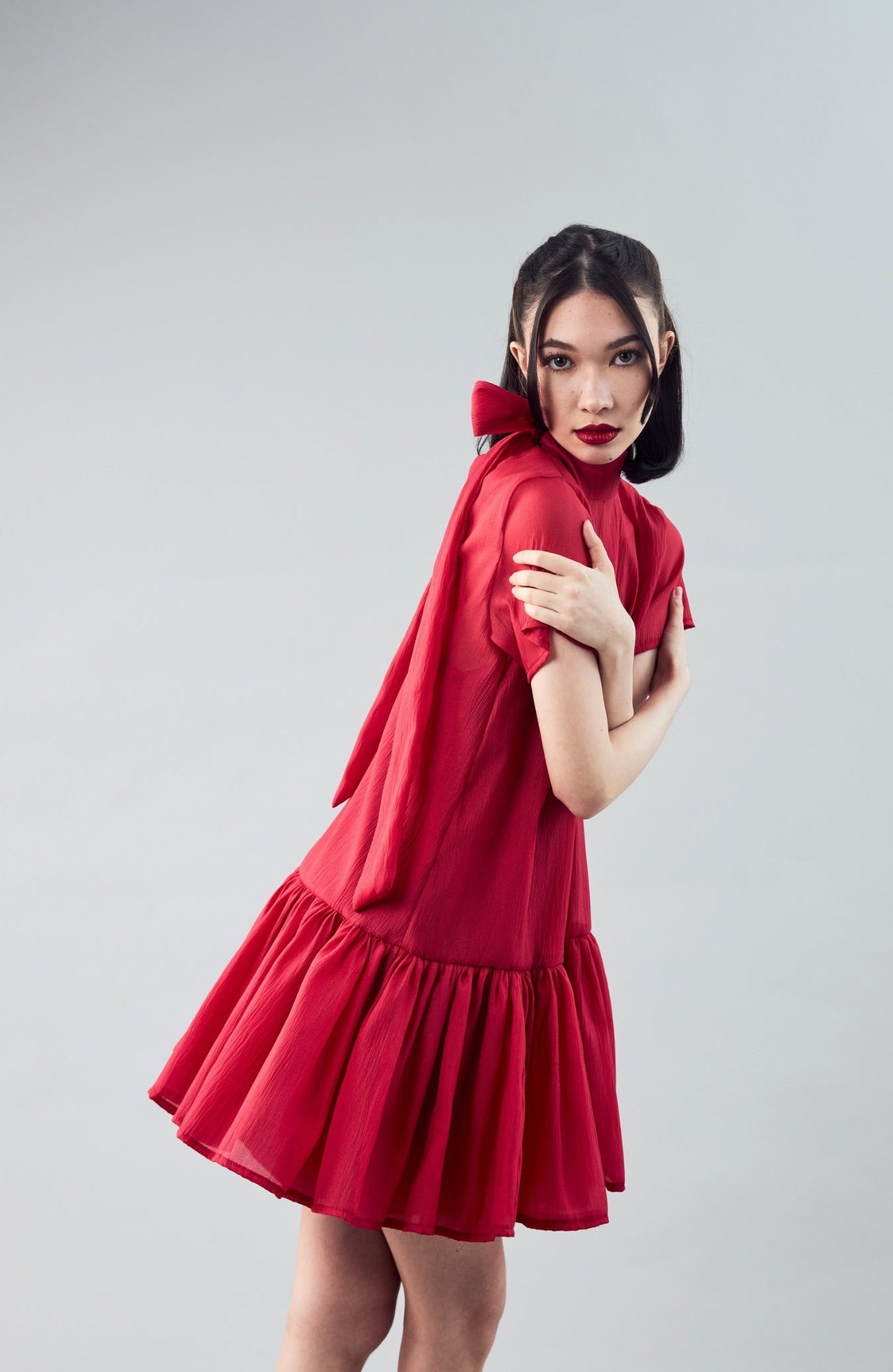 LULLA TIE-NECK RED DRESS W/ SLIP DRESS